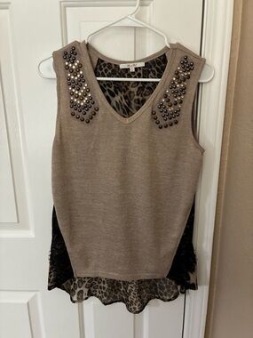 Miss Me Taupe Sleeveless Knit Tank with Studded Shoulders and Leopard Hem